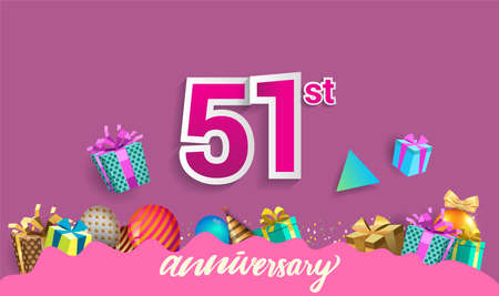 51st Years Anniversary Celebration Design, with gift box and balloons, ribbon, Colorful Vector template elements for your birthday celebrating party.のイラスト素材