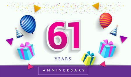 61st Years Anniversary Celebration Design, with gift box and balloons, ribbon, Colorful Vector template elements for your birthday celebrating party.のイラスト素材