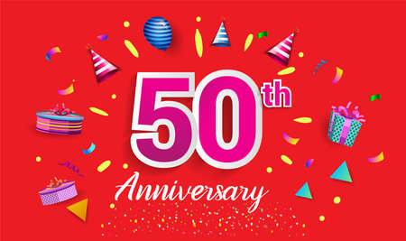 50th Years Anniversary Celebration Design, with gift box and balloons, ribbon, Colorful Vector...