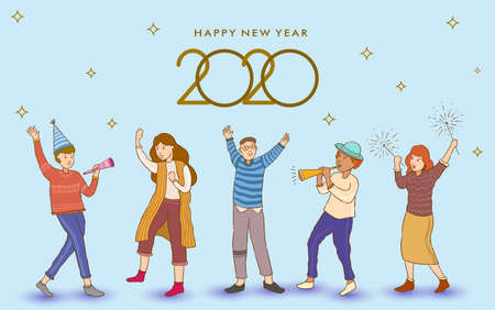 Joyful of Young People Characters New Years Eve celebration. Happy New Years 2020, illustration of Young People having fun and celebrating the new year. Colorful vector illustration in flat cartoon.のイラスト素材