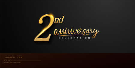2nd anniversary celebration logotype with handwriting golden color elegant design isolated on black background. vector anniversary for celebration, invitation card, and greeting card.のイラスト素材