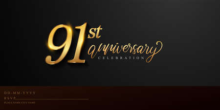 91st anniversary celebration logotype with handwriting golden color elegant design isolated on black background. vector anniversary for celebration, invitation card, and greeting card.のイラスト素材