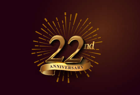 22nd anniversary logotype with fireworks and golden ribbon, isolated on elegant background. vector...