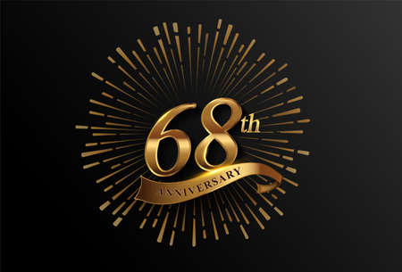 68th anniversary logotype with fireworks and golden ribbon, isolated on elegant background. vector...