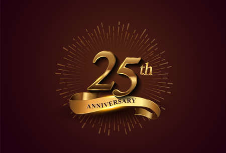 25th anniversary logotype with fireworks and golden ribbon, isolated on elegant background. vector anniversary for celebration, invitation card, and greeting card.のイラスト素材