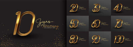 Set of anniversary logotype design with handwriting golden color for celebration event, wedding, greeting card, and invitation. Vector illustration.のイラスト素材