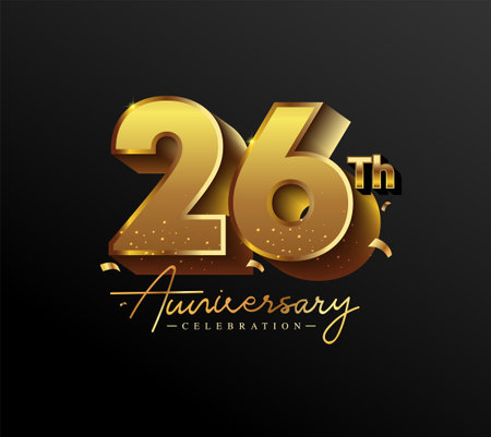 26th Anniversary Logotype with Gold Confetti Isolated on Black Background, Vector Design for Greeting Card and Invitation Cardのイラスト素材
