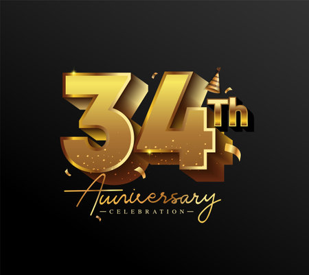 34th Anniversary Logotype with Gold Confetti Isolated on Black Background, Vector Design for Greeting Card and Invitation Cardのイラスト素材
