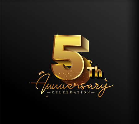 5th Anniversary Logotype with Gold Confetti Isolated on Black Background, Vector Design for Greeting Card and Invitation Cardのイラスト素材