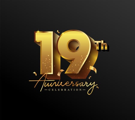19th Anniversary Logotype with Gold Confetti Isolated on Black Background, Vector Design for Greeting Card and Invitation Cardのイラスト素材