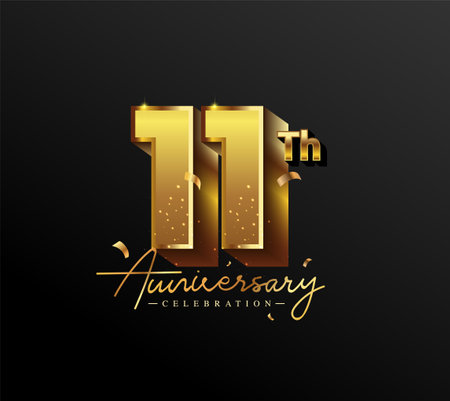 11th Anniversary Logotype with Gold Confetti Isolated on Black Background, Vector Design for Greeting Card and Invitation Cardのイラスト素材