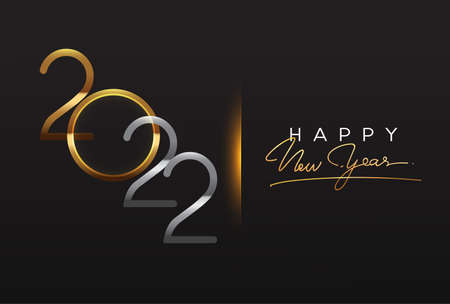 Happy New Year 2022 text design gold colored isolated on black background, vector elements for calendar and greeting card.のイラスト素材