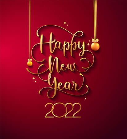 New Year 2022 handwritten lettering typography design with golden elegant color on red backgroundのイラスト素材