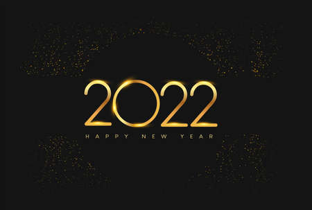 Happy New Year 2022 with glitter isolated on black background, text design gold colored, vector elements for calendar and greeting card.のイラスト素材