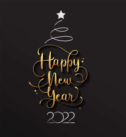 New Year 2022 handwritten lettering typography design with golden elegant color and Christmas Tree.のイラスト素材