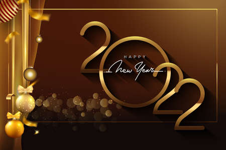 Happy New Year 2022 with glitter isolated on black background, text design gold colored, vector elements for calendar and greeting card.のイラスト素材