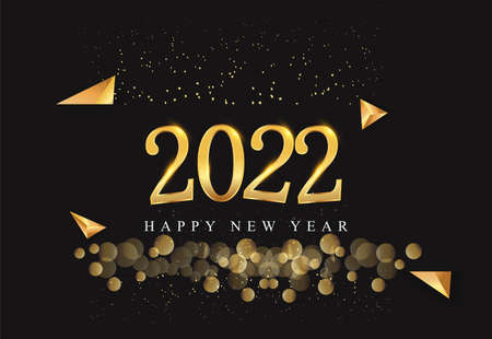 Happy New Year 2022 with glitter isolated on black background, text design gold colored, vector...