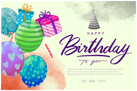 Happy Birthday greeting cards and poster watercolor design sets with balloon, confetti and gift box, design template for birthday celebration.のイラスト素材