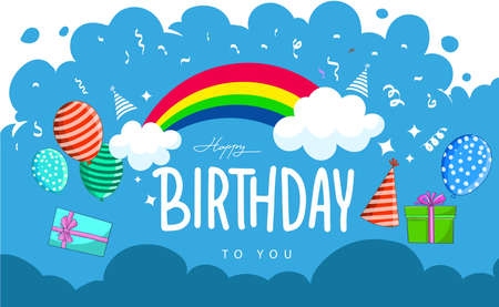 Cute children's birthday invitation and Greeting card, Happy Birthday party. Cute cartoon with balloon, gift and cute giraffe, Jungle animals theme.のイラスト素材