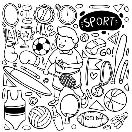 Set of hand drawn sport theme isolated on white background, doodle set of sport theme. Vector illustrationのイラスト素材