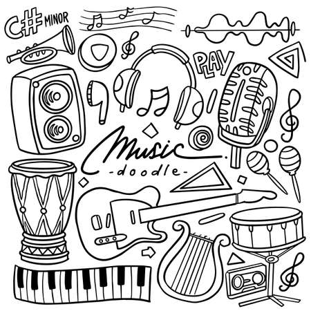 Set of hand drawn music theme isolated on white background, doodle set of Musical Instruments theme. Vector illustrationのイラスト素材