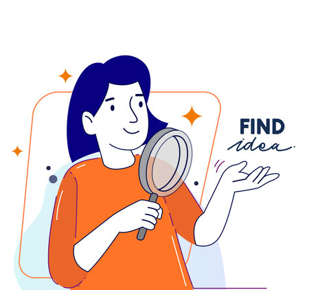 A woman finding Idea illustrations. finding solution, thinking, sharing offers, lightbulbs. Creativity, creation process.のイラスト素材