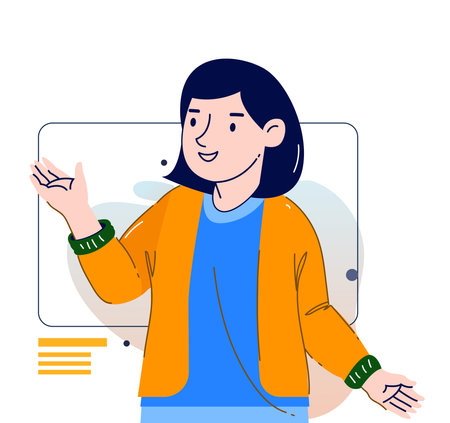 A woman finding Idea illustrations. finding solution, thinking, sharing offers, lightbulbs. Creativity, creation process.のイラスト素材