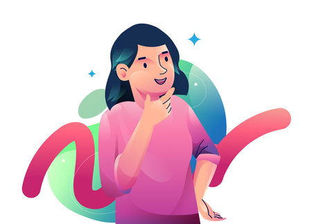 A woman finding Idea illustrations. finding solution, thinking, sharing offers, lightbulbs. Creativity, creation processのイラスト素材