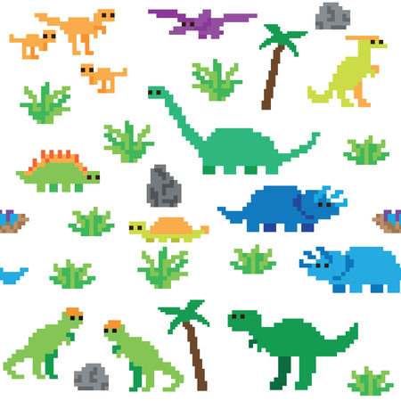 Seamless retro pixel game dinosaur patternのイラスト素材