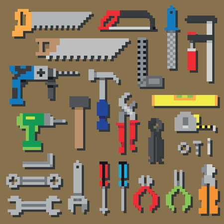 Pixel repair and construction working tools pixel icon set in vectorのイラスト素材