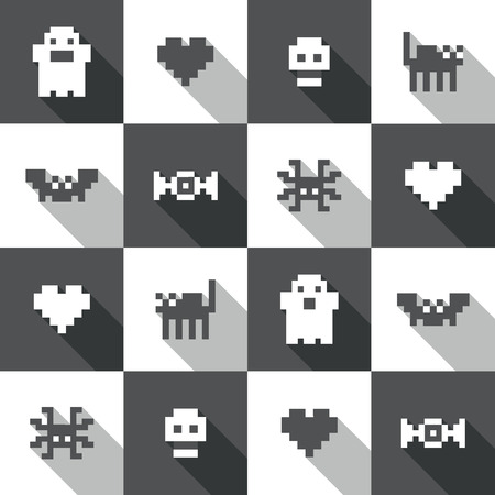 Seamless Halloween festive black and white pixel pattern in vectorのイラスト素材