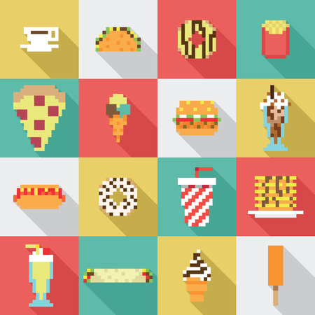 Seamless collection, pixel, vintage, diner food pattern in vectorのイラスト素材