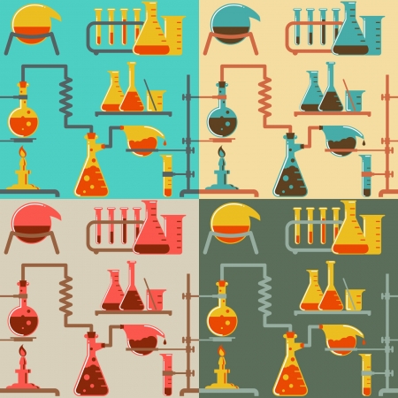 Seamless pattern of chemical reactions in four color variations in retro style  The pattern is cut into the edge without using the clipping maskのイラスト素材