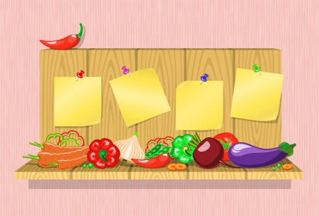 fresh vegetables on a wooden shelf with stickers on pins  , transparency were not usedのイラスト素材