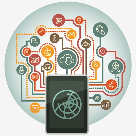 circular background with a tablet connected to the internet and web surfing signs in retro colorsのイラスト素材