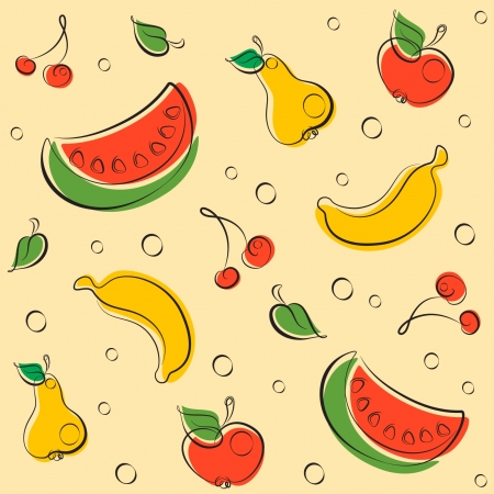 Pattern of cheerful fruits drawn by elegant lines in retro colorsのイラスト素材