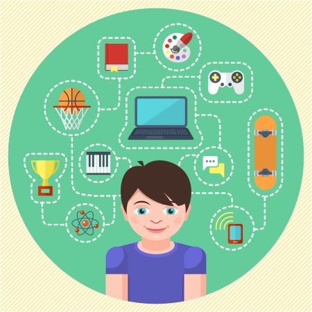 Conceptual illustration of a boy with different symbols of his interestsのイラスト素材