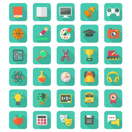 Set of 30 flat education and leisure icons with long shadowsのイラスト素材
