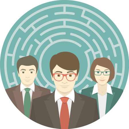 Conceptual round illustration of the team of young promising professionals in labyrinthのイラスト素材