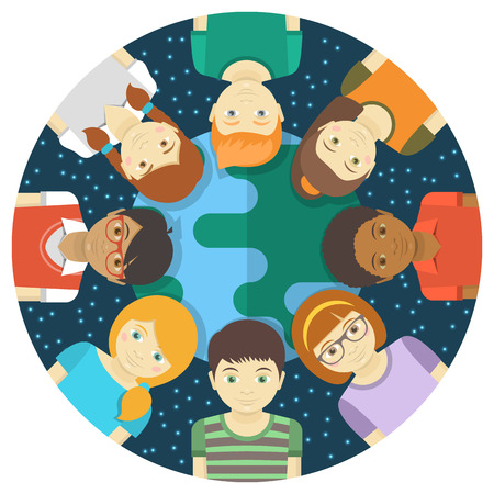 Conceptual round illustration of multiracial children on the background of the Earth and the starry skyのイラスト素材