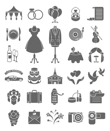 Set of dark silhouette wedding icons for organizing a ceremony and a wedding partyのイラスト素材