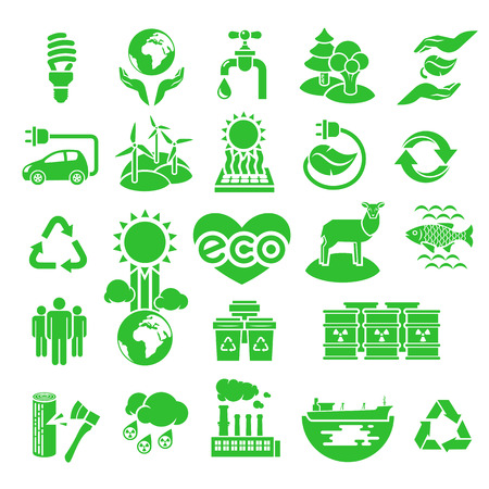 Green silhouette vector icons of ecology theme, including alternative energy sources, environmental issues and also conservation and restoration of natural resources and the influence of human activity on the planetのイラスト素材