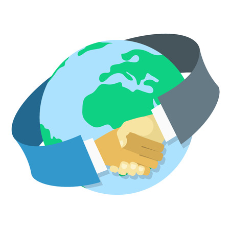 Conceptual vector illustration of international business cooperation in the form of a handshake around earth globe in modern flat style. Isolated on whiteのイラスト素材
