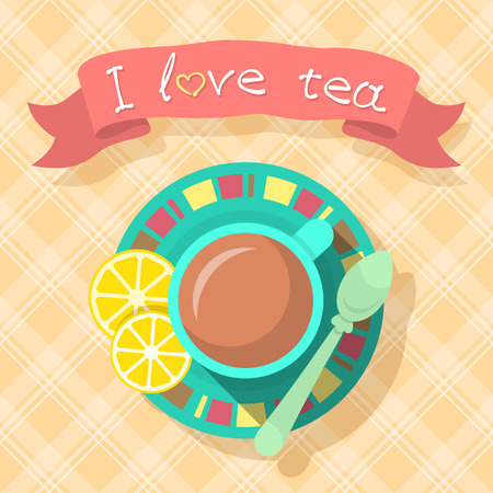 Flat vector illustration of a cup of tea and slices of lemon with an inscription on a ribbon and checkered backgroundのイラスト素材