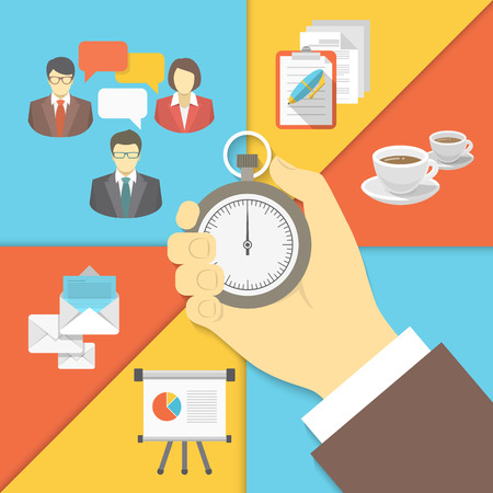 Modern flat conceptual vector business illustration of the time management with a stopwatch in a businessman hand and working activity symbols of business meeting, coffee break, planning, presentation and business mailingのイラスト素材