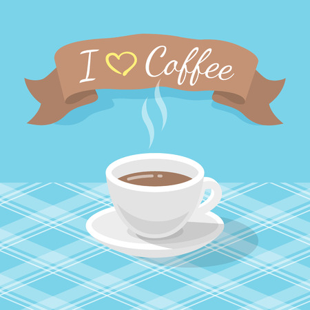 Vector flat stylized illustration of a coffee cup on a checkered tablecloth with ribbon and inscriptionのイラスト素材