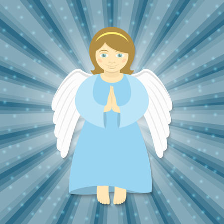 Vector cartoon illustration of flying angel with the hands folded in prayer, smiling in the rays of light on a starry background. Christmas character. Religious symbol.のイラスト素材