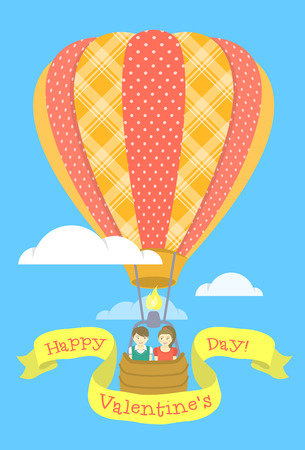 Vector flat stylized illustration of a couple in love flying in a hot air balloon with ribbon and greeting inscription. Valentine\\\\のイラスト素材