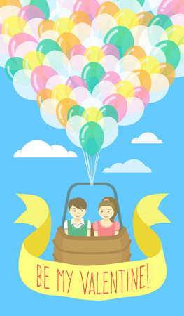 Vector flat stylized illustration of a couple in love flying on balloons with ribbon and greeting inscription. Valentine\'s Day card design.のイラスト素材