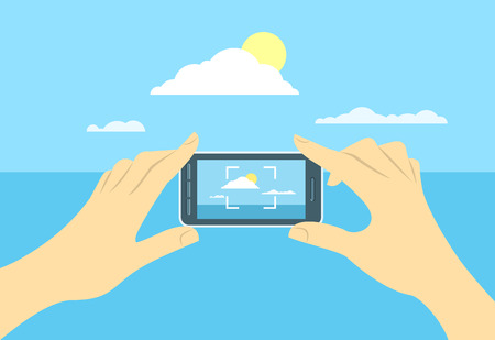 Modern flat conceptual vector illustration of taking a shot of a landscape by mobile phone. Human hands hold smartphone focused on skyline. Picture for memory during travelのイラスト素材